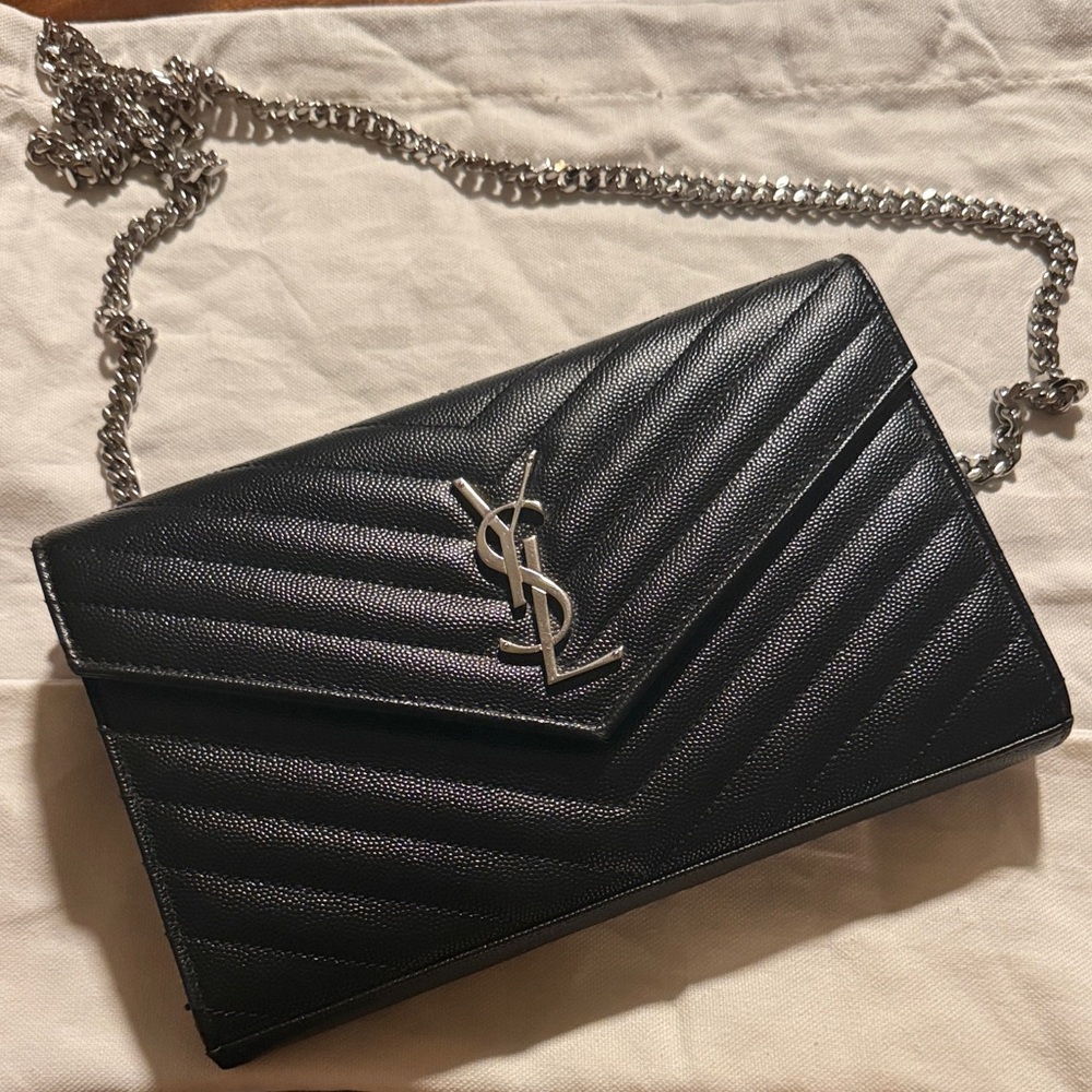 Yves Saint Laurent Black Chevron Clutch with Silver Chain